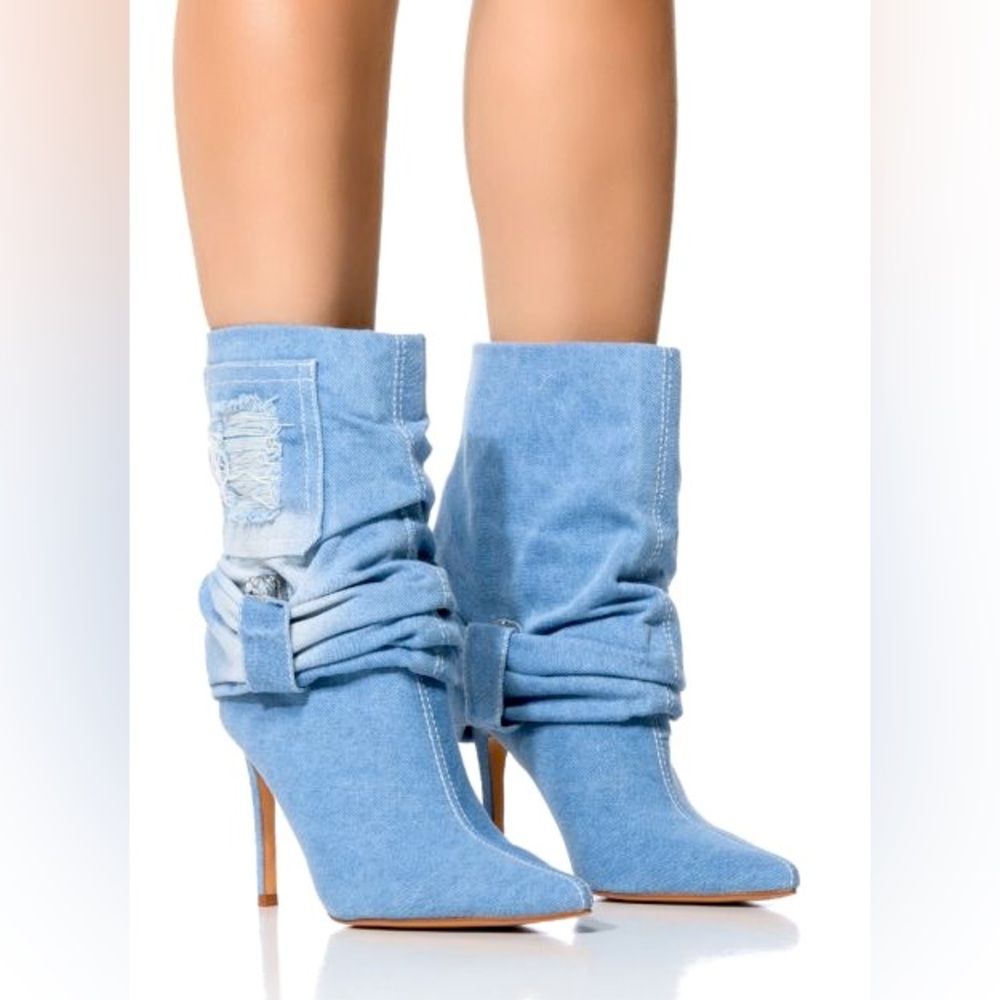 AZALEA WANG Distressed Denim Blue Embellished Slouchy Boots